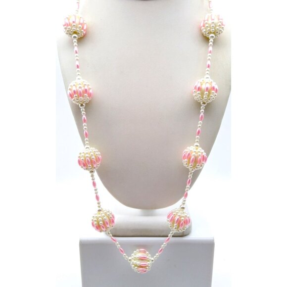 Crocheted Vintage Beaded Parure Station Necklace and Cluster Earrings, Pastel - Picture 2 of 3